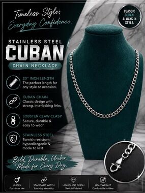 Stainless Steel Cuban Chain Necklace - 20”